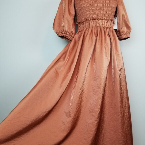 Moon River Copper A Line Midi Dress Smocked Bodice Puff Sleeves Medium NEWw/Tags - Picture 9 of 10